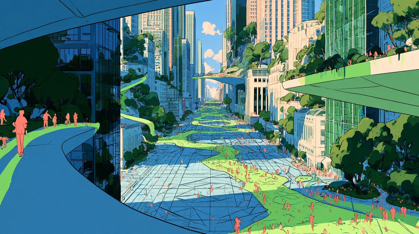 Illustrated city street overgrown with greenery